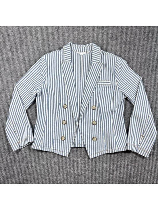 Chico's Jackets & Blazers - Chicos Open Front Denim Jacket Womens 1/Medium Blue White Striped Classic Fit